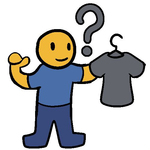 An orange figure holding up a gray shirt on a hanger, gesturing to themself, with a question mark between them.